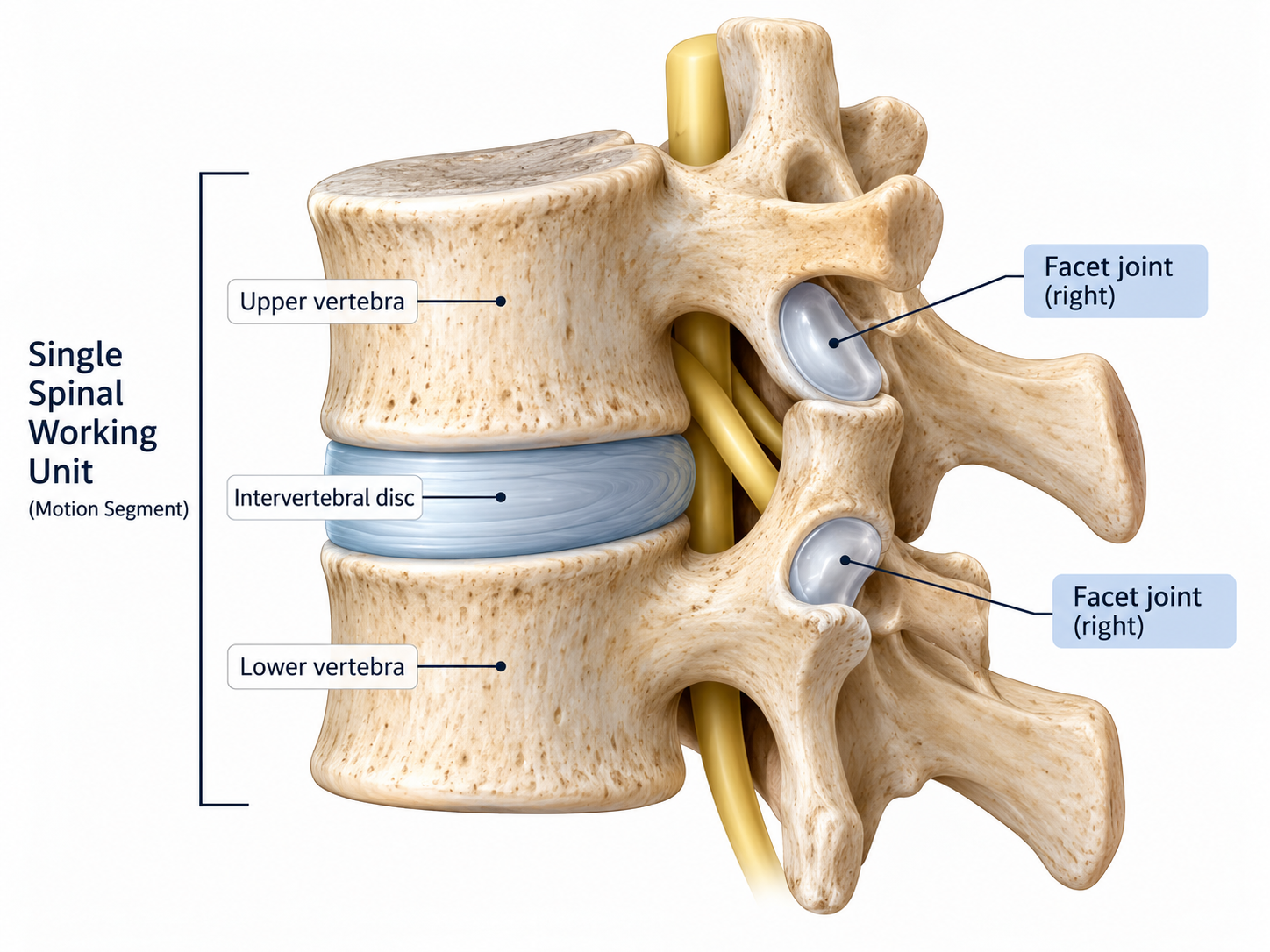 Diagram of a single spinal working unit, showing the upper vertebra, the intervertebral disc, the lower vertebra, and the two facet joints either side