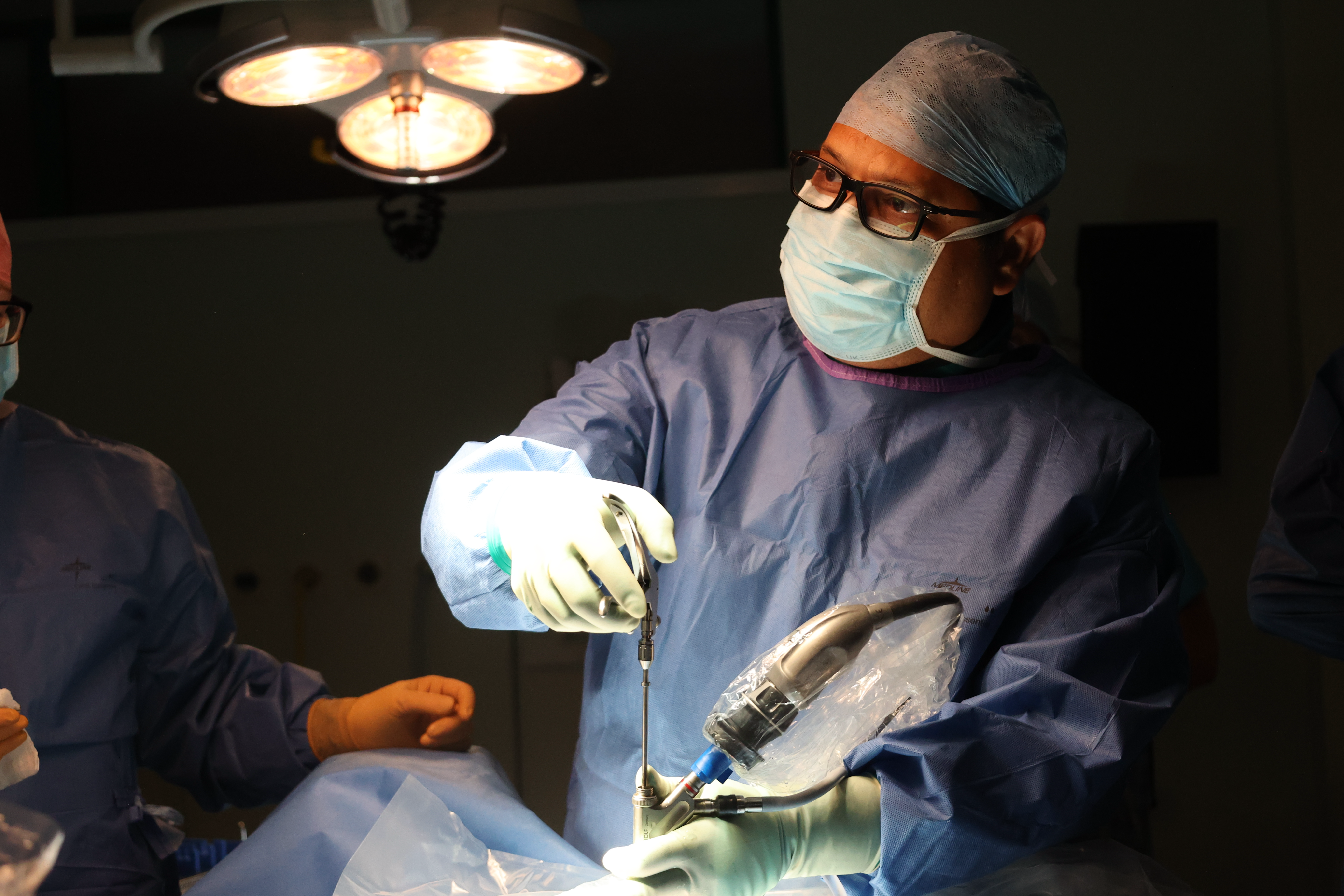 Mr. Narendra Kumar Rath with the endoscopic equipment used during keyhole spinal surgery