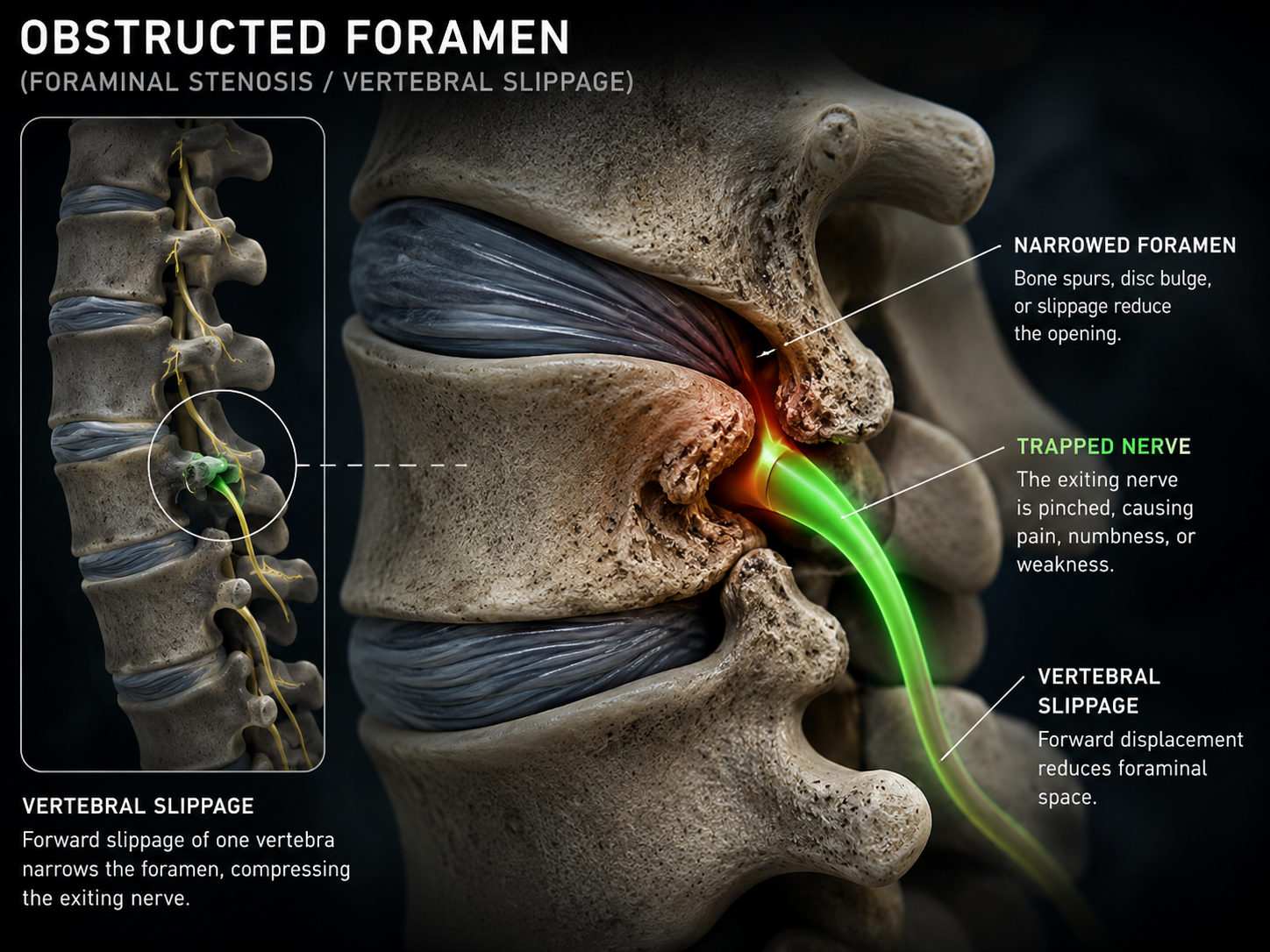 Diagram showing an obstructed foramen with a trapped nerve outlined in green — illustrating how foraminal stenosis or vertebral slippage pinches the nerve.