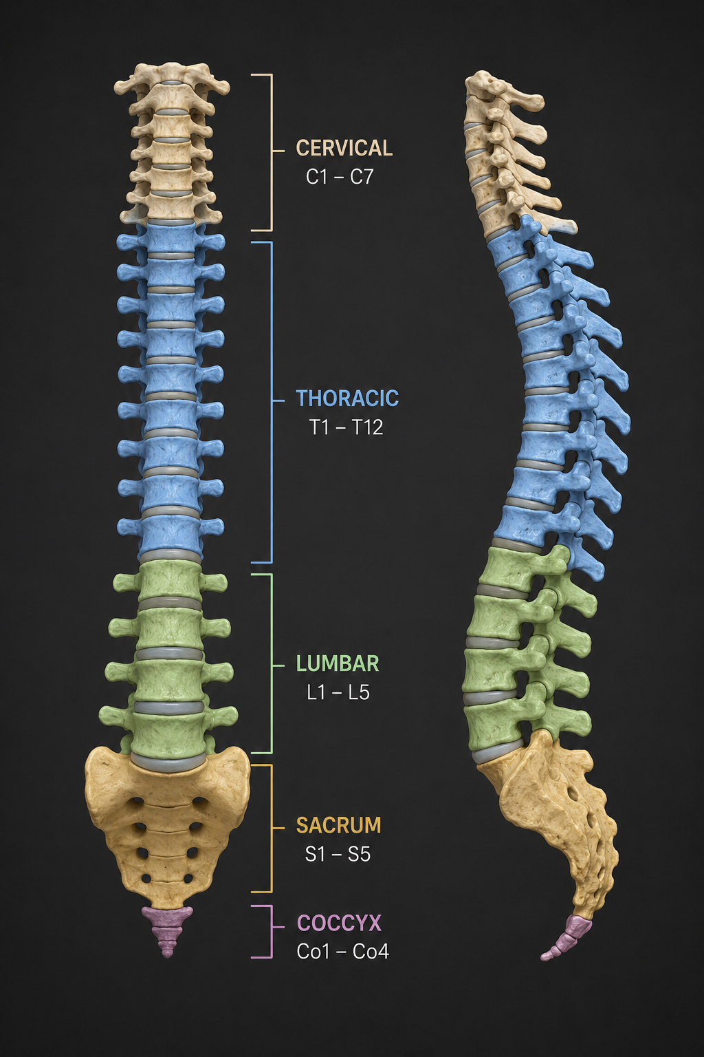 3D anatomical model of the human spine showing cervical, thoracic, lumbar, sacrum, and coccyx regions.