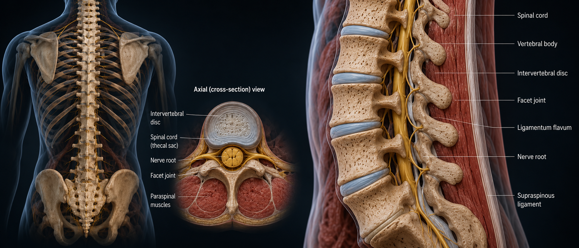 3D anatomical render of the human spine, showing the vertebrae, discs, and surrounding soft tissue.